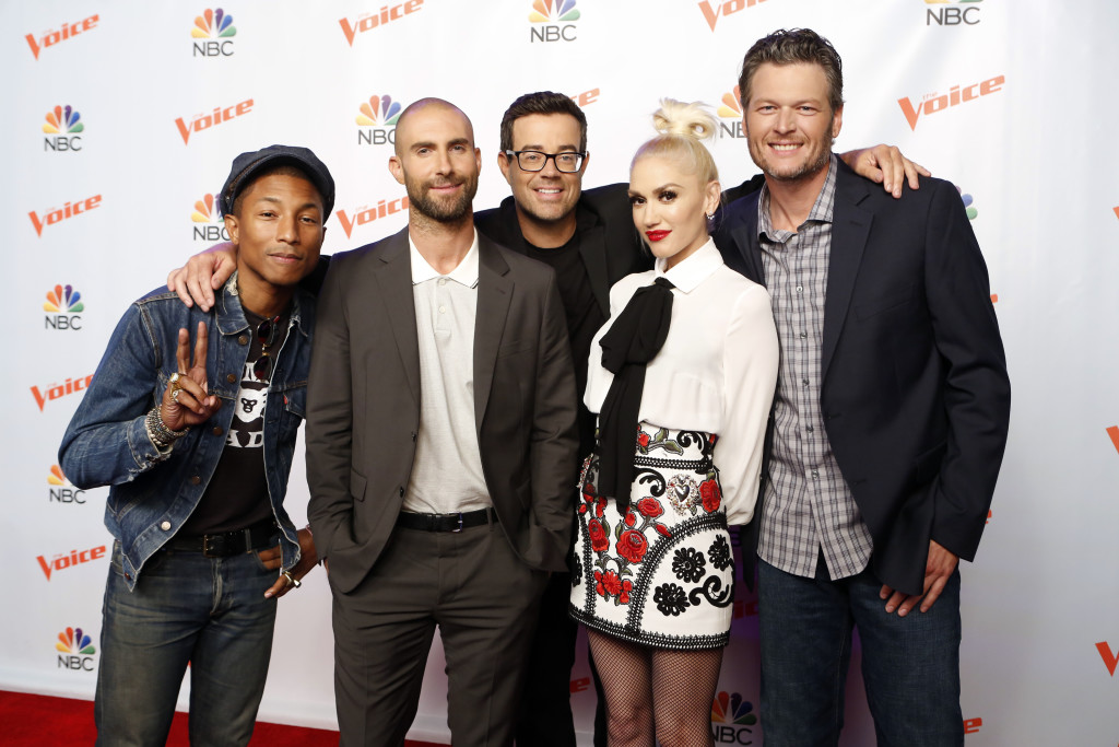 THE VOICE - "Season 9 Press Junket" - Pictured: Pharrell Williams, Adam Levine, Carson Daly, Gwen Stefani, Blake Shelton - (Photo by: Trae Patton/NBC)