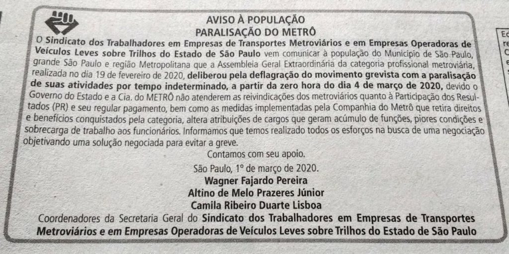 Comunicado Metroviários
