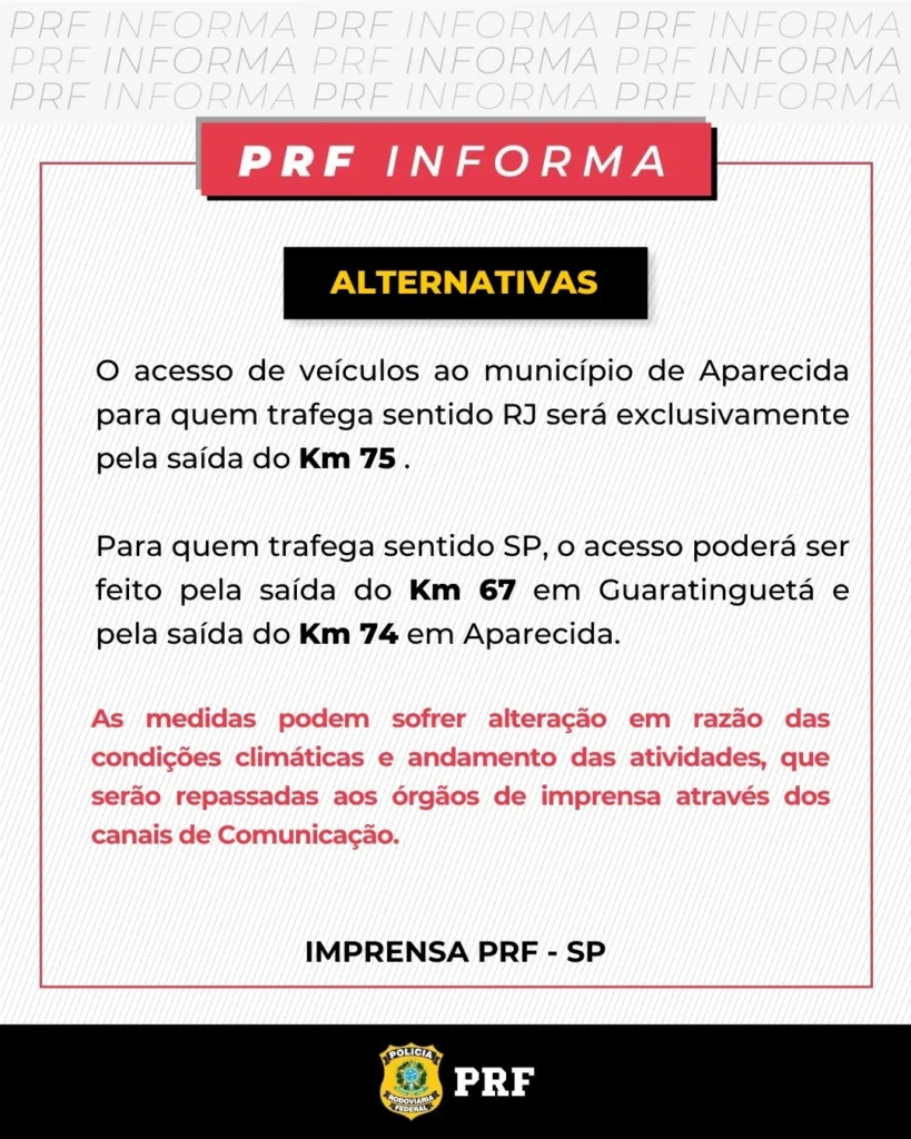PRF rodovia Dutra aparecida alternativas