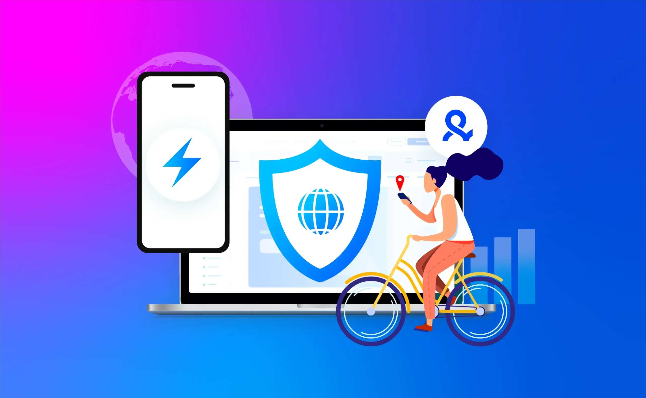 Mulher andando de bicicleta e usando celular com ícones de segurança digital ao fundo, representando o uso de navegadores antidetect e automação em apps de mobilidade urbana