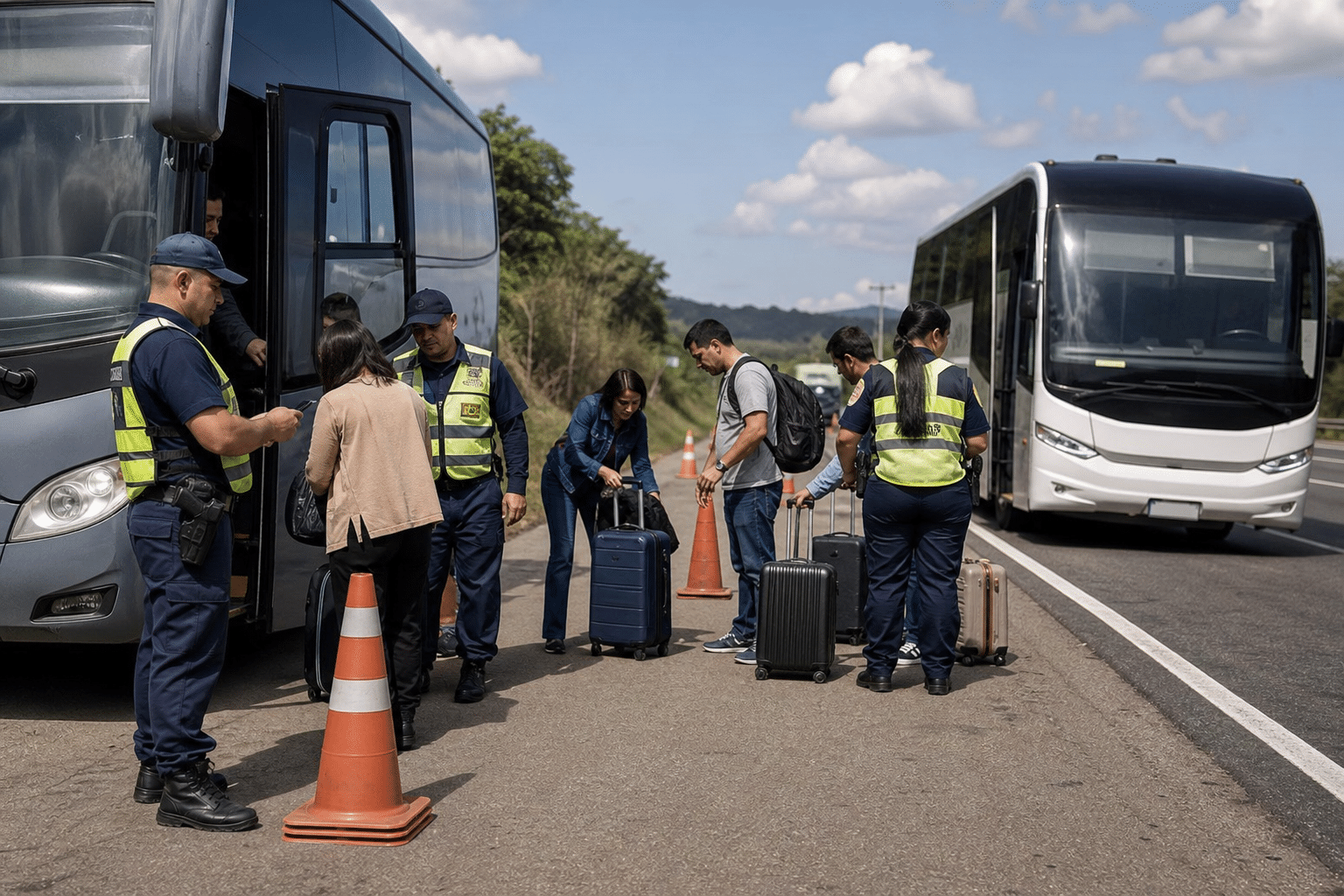 Agentes de fiscalização orientam passageiros com malas entre dois ônibus parados no acostamento de uma rodovia