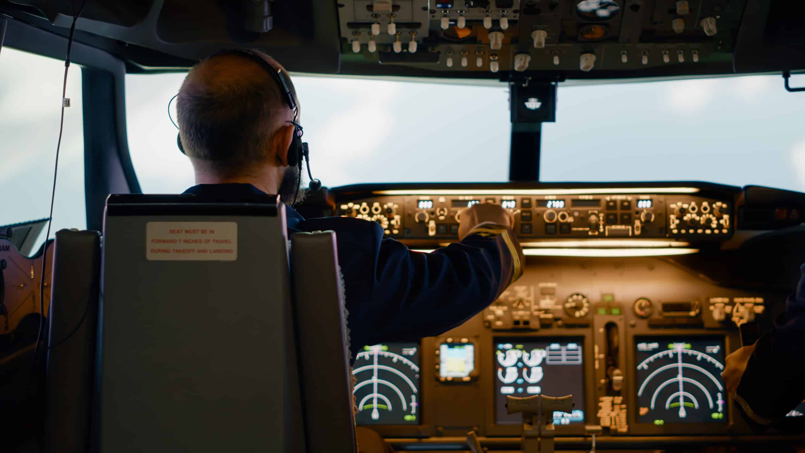 Male airline captain fixing altitude and longitude buttons profissão de piloto de avião