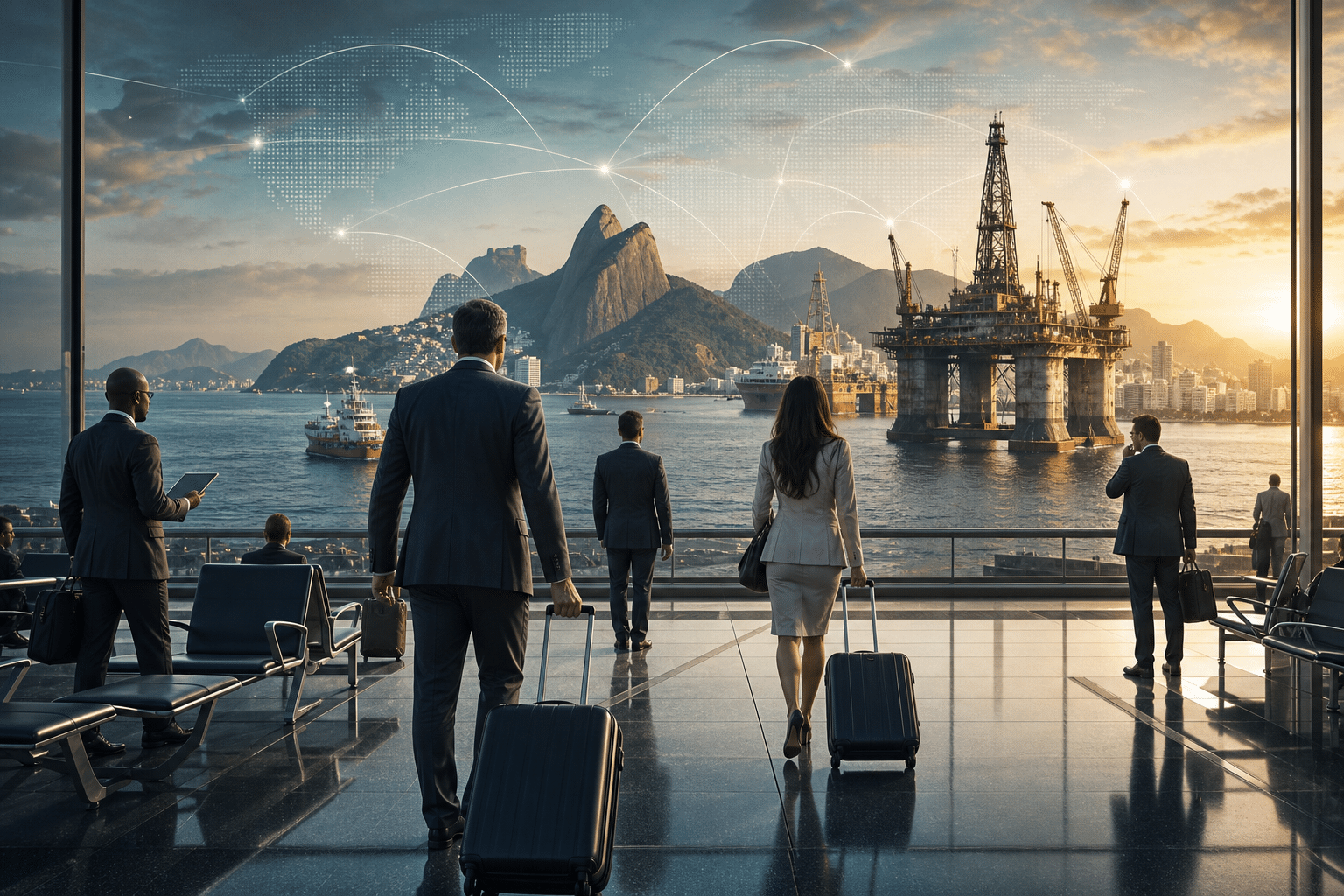 Viajantes de negócios observam uma plataforma de petróleo no mar, com o Pão de Açúcar e uma rede global ao fundo