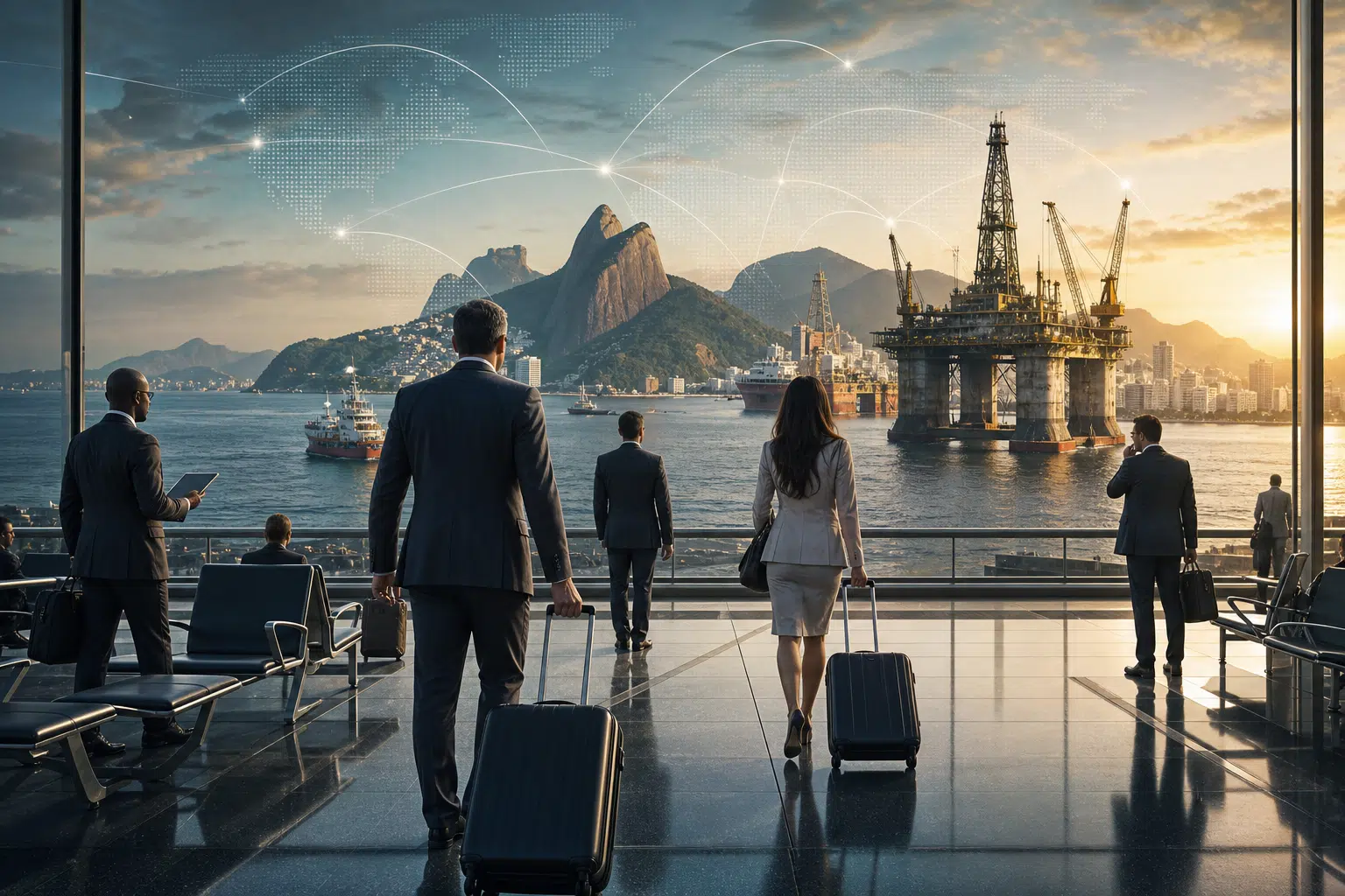 Viajantes de negócios observam uma plataforma de petróleo no mar, com o Pão de Açúcar e uma rede global ao fundo