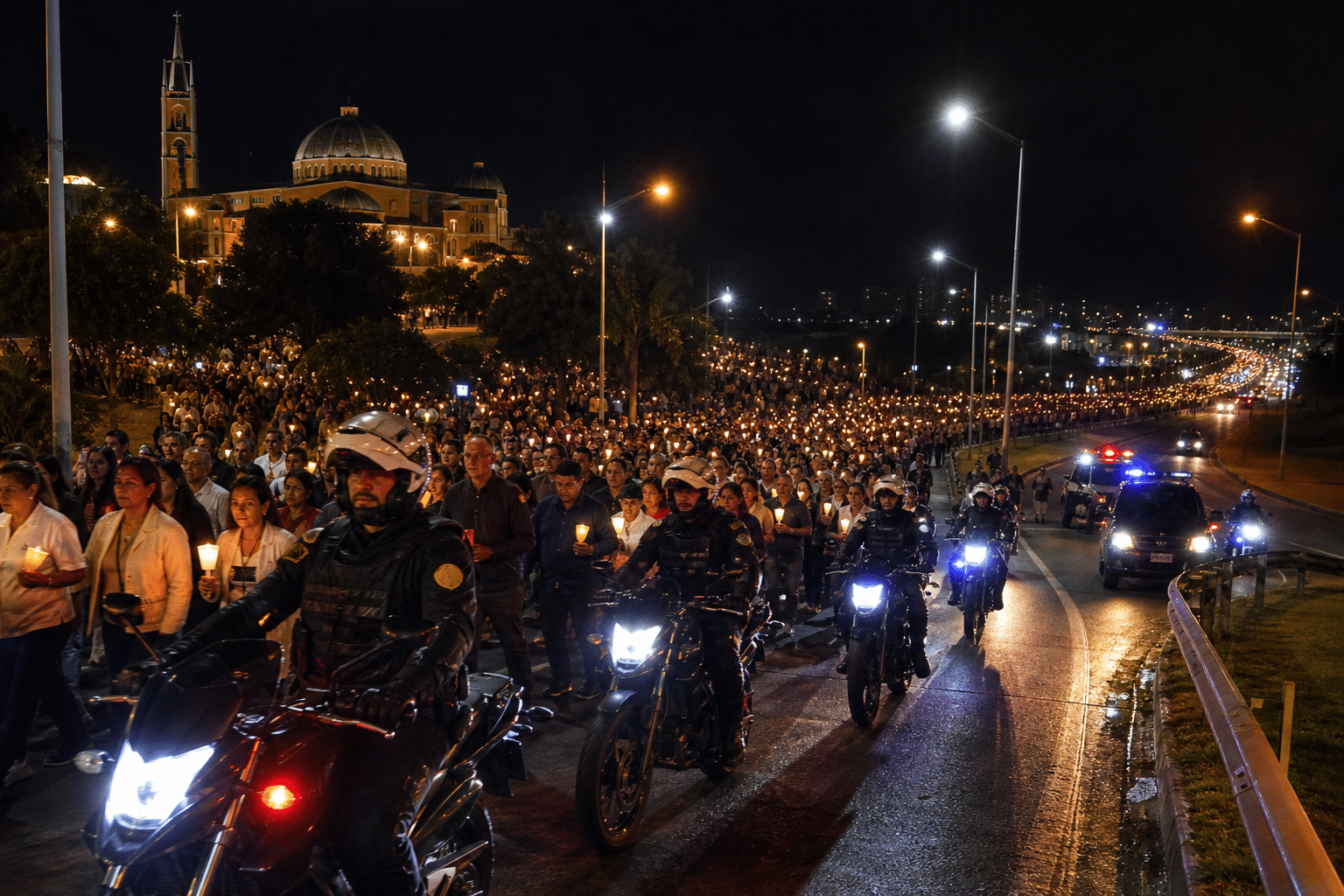 Procissão noturna com milhares de pessoas carregando velas, escoltada por policiais em motocicletas diante de uma igreja iluminada